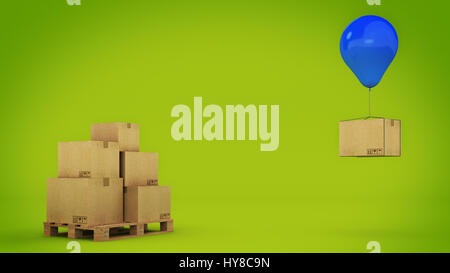 Luftballons und Karton. 3D-Rendering Stockfoto