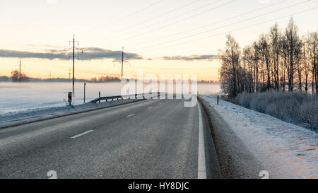 leere Straße in die Landschaft mit Bäumen in der Umgebung. Perspektive im winter Stockfoto