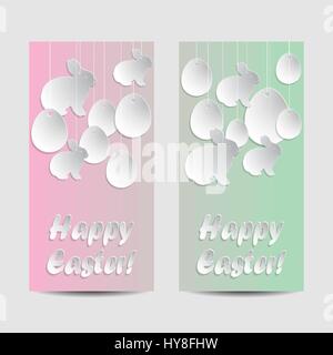 Frohe Ostern Gruß Banner. Papier-Hasen und Eiern mit Schlagschatten an Saiten hängen. Grün und rosa Pastell Hintergrund. Vektor-Illustration. Stock Vektor