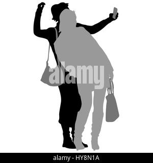 Silhouetten Frau Selfie mit Smartphone auf weißem Hintergrund. Stockfoto