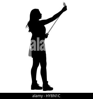 Silhouetten Frau Selfie mit Smartphone auf weißem Hintergrund. Stockfoto