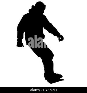 Schwarze Silhouetten Snowboarder auf weißem Hintergrund. Stockfoto