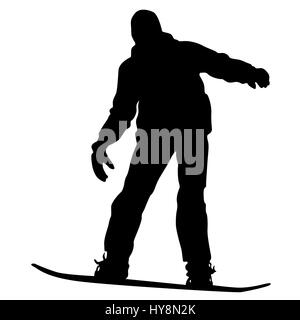 Schwarze Silhouetten Snowboarder auf weißem Hintergrund. Stockfoto