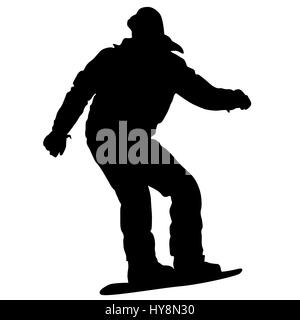 Schwarze Silhouetten Snowboarder auf weißem Hintergrund. Stockfoto