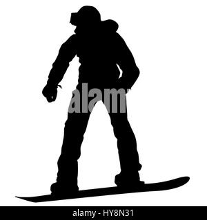 Schwarze Silhouetten Snowboarder auf weißem Hintergrund. Stockfoto