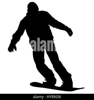 Schwarze Silhouetten Snowboarder auf weißem Hintergrund. Stockfoto