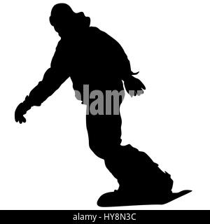 Schwarze Silhouetten Snowboarder auf weißem Hintergrund. Stockfoto