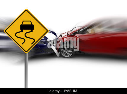 Zwei Autos Unfall mit einem gelben Schild: 3D Illustration Stockfoto