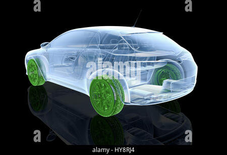 X-ray Auto mit grünen Rädern auf einem schwarzen Hintergrund - 3D-Illustration Stockfoto