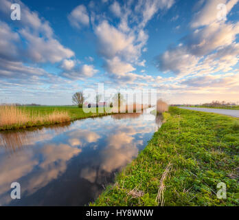 Bunte blauer Himmel mit Wolken spiegeln sich in Wasser, Häuser in der Nähe von Kanal, Bäume, grün und gelb Schilf bei Sonnenaufgang in Niederlande Stockfoto