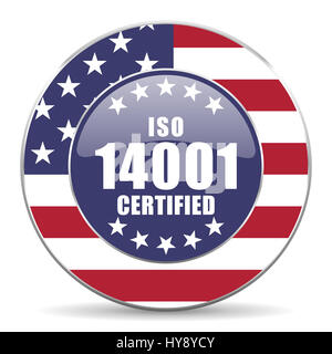 ISO 14001 Usa Web amerikanischen Runde Internet Designikone mit Schatten auf weißem Hintergrund. Stockfoto