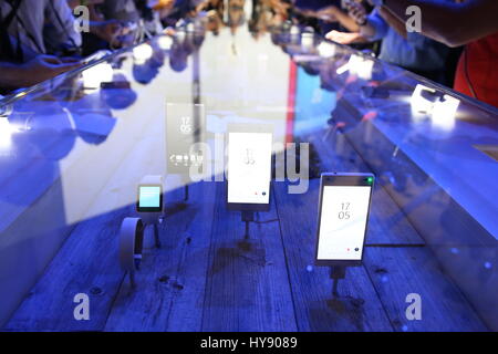 Berlin, Deutschland, 2. Septmeber, 2015: Präsident der Sony Corporation Kazuo Hirai stellt den letzten Geräte bei IFA Consumer Electronics Unlimited. Stockfoto