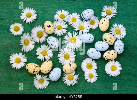 Ostern-Hintergrund mit Ostereiern und Frühlingsblumen Stockfoto