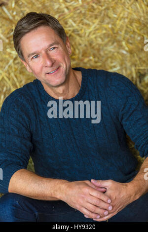 Porträtaufnahme eines attraktiven, erfolgreichen und glücklichen Mann mittleren Alters männlichen trägt einen blauen Pullover sitzen auf Strohballen in einer Scheune oder Stall Stockfoto