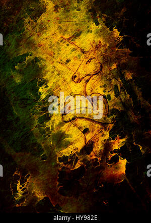 lineare Zeichnung des Einhorns mit Herzform auf abstrakten Hintergrund. Stockfoto