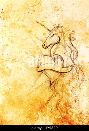 lineare Zeichnung des Einhorns mit Herzform auf abstrakten Hintergrund. Stockfoto