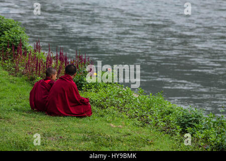 Zwei junge Novizin buddhistische Mönche sitzen auf der Wiese am Ufer des Flusses Mo Chhu in Punakha Dzong in Punakha, Bhutan. Stockfoto