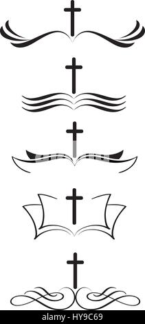 Satz von christlichen Logos Kreuz und Bibel. stilisierte Hand gezeichnete Vintage Kalligraphie Schriftzug Vektor-Illustration EPS10 Stock Vektor