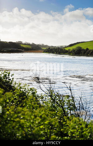 Gannel Fluss; Gannel Mündung Spring Tide Gezeiten-Fluss; Wasser-Landschaft-Cornwall Stockfoto