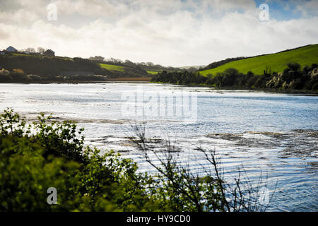 Gannel Fluss; Gannel Mündung Spring Tide Gezeiten-Fluss; Wasser-Landschaft-Cornwall Stockfoto