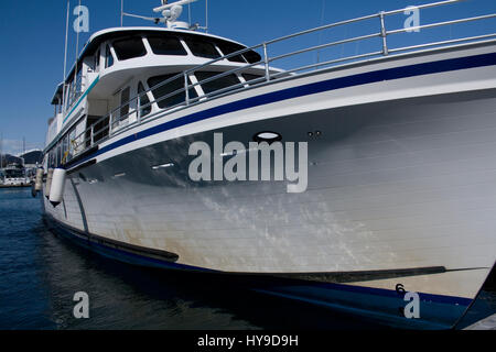 Eine weisse und blaue Boot in den Hafen in Seward, Alaska angedockt. Stockfoto