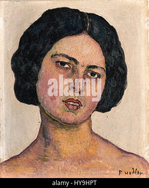 Frauenkopf auf gelbem Grund ist ein Gemälde von Ferdinand Hodler aus dem Jahr 1912, das für seine stilisierte Darstellung des Gesichts einer Frau vor einem kräftigen gelben Hintergrund bekannt ist. Stockfoto