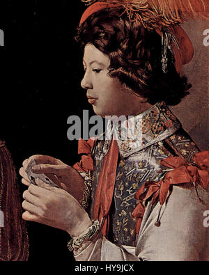 Georges de La Tours Gemälde „der Glückszähler“ aus dem 17. Jahrhundert fängt den intimen Moment eines Wahrsagers ein, der die Palme eines jungen Mannes liest, und hebt die dramatische Beleuchtung hervor, die für sein Werk typisch ist. Stockfoto