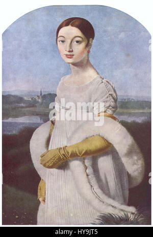 Das Porträt „Mademoiselle Riviere“ von Jean Auguste Dominique Ingres fängt die raffinierte Eleganz einer jungen Frau des 19. Jahrhunderts ein. Ingres, bekannt für seine Präzision im Detail und seinen klassischen Stil, schafft eine zeitlose Darstellung femininer Anmut. Stockfoto