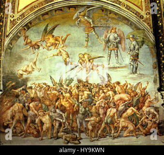 Luca Signorelli, ein italienischer Renaissancekünstler, ist bekannt für seine Freskenarbeiten, insbesondere für die Darstellung menschlicher Figuren und klassischer Themen in religiösen Zusammenhängen. Stockfoto