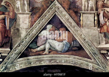 Dieses Kunstwerk von Michelangelo Buonarroti mit der Bezeichnung „041“ repräsentiert die außergewöhnliche Kunst des berühmten Künstlers in Skulptur und Malerei und trägt mit seinen komplizierten Details und humanistischen Themen zur italienischen Renaissance bei. Stockfoto