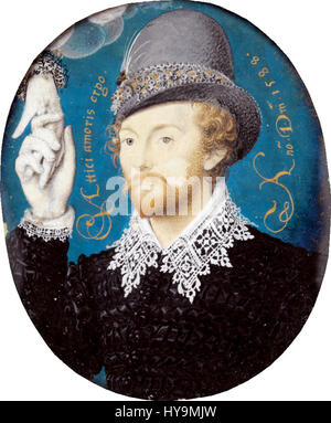 Nicholas Hilliard, ein einflussreicher englischer Miniaturist, ist bekannt für seine detailreichen Porträtminiaturen. Seine Werke, wie dieses Stück, werden für ihre zarte Pinselarbeit und die präzise Darstellung aristokratischer Subjekte gefeiert. Stockfoto