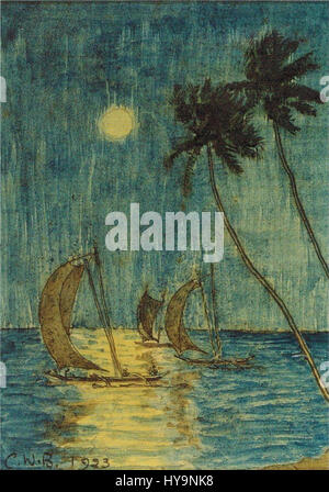 „Katamarane“ von Charles W. Bartlett ist ein lebendiges Aquarell- und Tintenstück, das die dynamische Bewegung von Katamaranen auf dem Wasser veranschaulicht. Bartletts meisterhafte Verwendung fließender Linien und Farben erweckt die Szene zum Leben und betont das nautische Thema und die Eleganz von Segelschiffen. Stockfoto