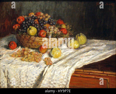 „Äpfel und Trauben“ ist ein Stillleben-Gemälde, das sich auf die natürliche Schönheit von Früchten konzentriert, mit einem Schwerpunkt auf Textur, Farbe und Form. Die Komposition unterstreicht die Fähigkeit des Künstlers, das Wesen alltäglicher Objekte mit einem scharfen Blick für Details festzuhalten. Stockfoto