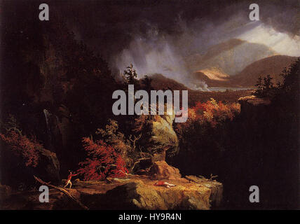 „Gelyna (View Near Ticonderoga)“ von Thomas Cole ist ein Landschaftsgemälde aus dem frühen 19. Jahrhundert, das die natürliche Schönheit der Gegend um Ticonderoga, New York, veranschaulicht. Stockfoto