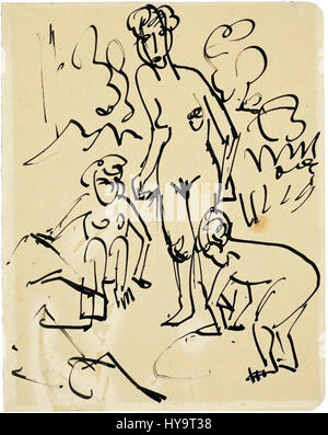 Mutter und Kinder ist ein Gemälde des deutschen Expressionisten Ernst Ludwig Kirchner aus dem 20. Jahrhundert. Das Kunstwerk zeigt die emotionale Intensität der Beziehung zwischen einer Mutter und ihren Kindern und spiegelt Kirchners Verwendung lebendiger Farben und verzerrter Formen wider, um psychologische Tiefe auszudrücken. Stockfoto