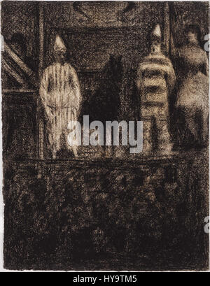 Georges Pierre Seurats *Sidewalk Show* fängt eine lebendige Straßenszene ein, die für Seurats Pointillismus charakteristisch ist. Das Werk zeigt Figuren, die sich an verschiedenen Aktivitäten entlang eines belebten Bürgersteigs beteiligen und die innovative Technik des Künstlers hervorheben, bei der kleine, eindeutige Farbpunkte zur Bildgestaltung verwendet wurden. Diese Methode konzentriert sich auf Licht, Farbe und Atmosphäre, die zu einem Markenzeichen von Seurats künstlerischem Stil wurden. Stockfoto