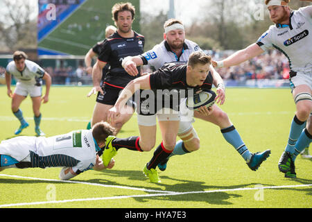 London, UK. 2. April 2017. Sarazenen Chris Ashton erzielte beim ersten Versuch im 2017 Viertel-Finale des European Rugby Champions Cup Matches im Madjeski Stadion, lesen. Bildnachweis sollte lauten: Charlie Forgham Bailey/Sportimage Credit: Csm/Alamy Live-Nachrichten Stockfoto