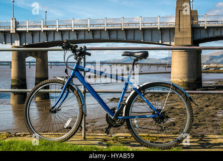 Meine Damen Fahrrad lehnte sich auf Geländer, Erhabene, mit Kincardine und Clackmannan Brücken auf sonniger Frühlingstag, Fife, Schottland, Großbritannien Stockfoto