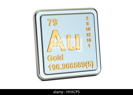 Gold-Aurum Au, Chemisches Element Zeichen. 3D-Rendering isoliert auf weißem Hintergrund Stockfoto