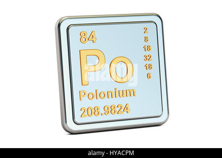 Polonium Po, Chemisches Element Zeichen. 3D-Rendering isoliert auf weißem Hintergrund Stockfoto