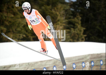 Team Kanada Skispringer Mackenzie Boyd-Clowes fliegt die Großschanze springen im Whistler Olympic Park während der 2017 CDN-Meisterschaften.  S Stockfoto