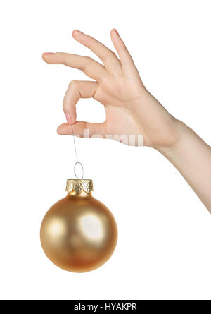 Weihnachts-Ball in der Hand isoliert auf weißem Hintergrund Stockfoto