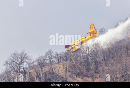 SPEKTAKULÄRE Bilder zeigen einen Berg verschlungen im Feuer sowie die Notfall Luft Bemühungen, es zu löschen. Italienischen Zivilschutz Feuerwehr Flugzeug namens Canadair stundenlang 30 kämpfen um ein Feuer zu löschen, die schließlich mit 2.000 Hektar Land, Eiche, Hainbuche und Buche zu zerstören. Garten Kuratorin nahm Alfredo Costanzo (49) die dramatischen Aufnahmen in Tremezzo in der italienischen Provinz Como, wo das Feuer, welche Experten glauben, bewusst gestartet wurde, war eines der schlechtesten in 20 Jahren. Stockfoto