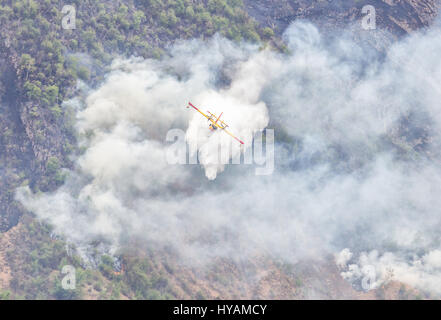 SPEKTAKULÄRE Bilder zeigen einen Berg verschlungen im Feuer sowie die Notfall Luft Bemühungen, es zu löschen. Italienischen Zivilschutz Feuerwehr Flugzeug namens Canadair stundenlang 30 kämpfen um ein Feuer zu löschen, die schließlich mit 2.000 Hektar Land, Eiche, Hainbuche und Buche zu zerstören. Garten Kuratorin nahm Alfredo Costanzo (49) die dramatischen Aufnahmen in Tremezzo in der italienischen Provinz Como, wo das Feuer, welche Experten glauben, bewusst gestartet wurde, war eines der schlechtesten in 20 Jahren. Stockfoto