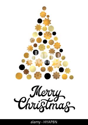 Stilisierten Weihnachtsbaum isoliert auf weißem Hintergrund mit trendigen schwarze Hand Design Schriftzug. Stilvolle Weihnachten Karte mit goldenen Kreisen und Schneeflocken. Frohe Festtage Vektor-Font Illustration. Stock Vektor