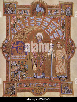 „Meister des Uta Codex 001“ bezieht sich auf ein Werk des Meisters des Uta Codex, einem Künstler, der für seine detaillierten Leuchtmanuskripte bekannt ist. Dieses spezifische Werk ist wahrscheinlich eine Seite oder Szene aus dem Uta Codex, die religiöse Themen und mittelalterliche Manuskriptkunst hervorhebt. Stockfoto