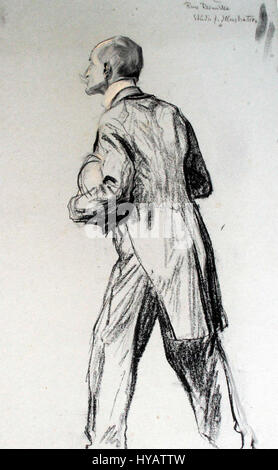 Dieses Porträt eines *Gentleman von hinten* zeigt einen Mann von hinten, der sich auf seine Haltung und Kleidung konzentriert. Das Bild betont die Silhouette des Motivs und schafft durch die Anonymität der Figur ein Gefühl von Mysterium und Intrige. Stockfoto