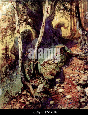 „Pilzjagd im Alten Wald“ von Georg Janny ist eine Darstellung des ländlichen Lebens und der Verbindung zwischen Mensch und Natur. Dieses Stück fängt die Gelassenheit und Ruhe des Waldes in seinem natürlichen Zustand ein. Stockfoto
