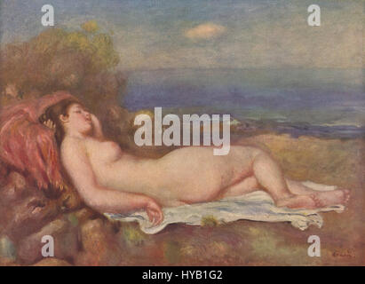 „Sleeping by the Sea“ von Pierre-Auguste Renoir fängt die ruhige Atmosphäre einer am Meer ruhenden Figur ein. Die sanfte Pinselarbeit von Renoir und die Aufmerksamkeit für das Licht vermitteln eine friedliche Darstellung der Ruhe und natürlichen Schönheit des Meeres. Stockfoto