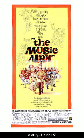 Das Originalplakat für den Film *The Music man* aus dem Jahr 1962 zeigt ein lebendiges Design mit einem zentralen Bild der Hauptfigur des Films, Harold Hill, umgeben von musikalischen Motiven, die die populäre Broadway-Adaption des gleichen Namens fördern. Stockfoto